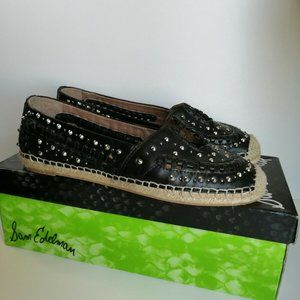 Sam Edelman Black Leather Flat Espadrille Women 7.5 Shoe Stud Slip On Liam New